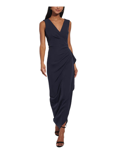 VINCE CAMUTO Womens Navy Zippered Gathered Cascading Ruffle Side-slit Sleeveless V Neck Full-Length Evening Gown Dress 6