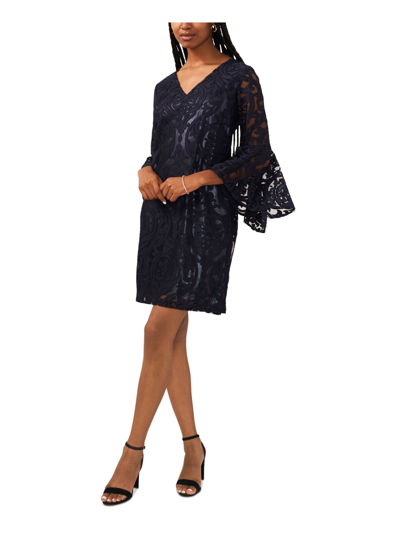 MSK Womens Navy Lined Zippered Metallic Floral Bell Sleeve V Neck Above The Knee Party Sheath Dress 10