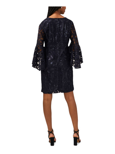 MSK Womens Navy Lined Zippered Metallic Floral Bell Sleeve V Neck Above The Knee Party Sheath Dress 10