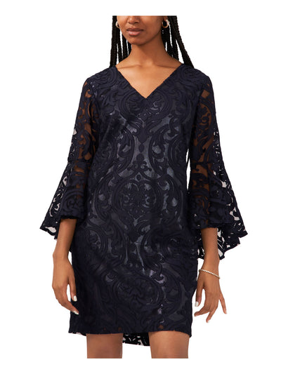 MSK Womens Navy Lined Zippered Metallic Floral Bell Sleeve V Neck Above The Knee Party Sheath Dress 10