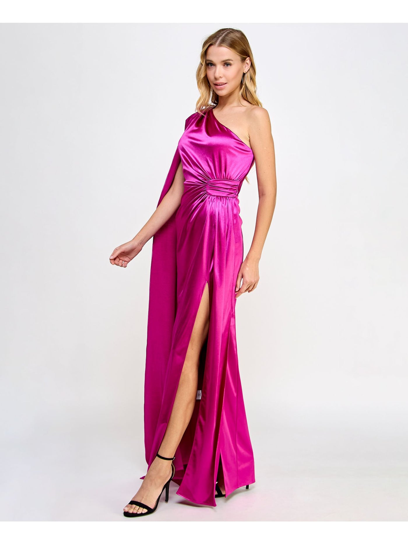 CITY STUDIO Womens Pink Zippered Slitted Cape Sleeve Cutout Back Gathered Asymmetrical Neckline Full-Length Formal Gown Dress Juniors 1\2