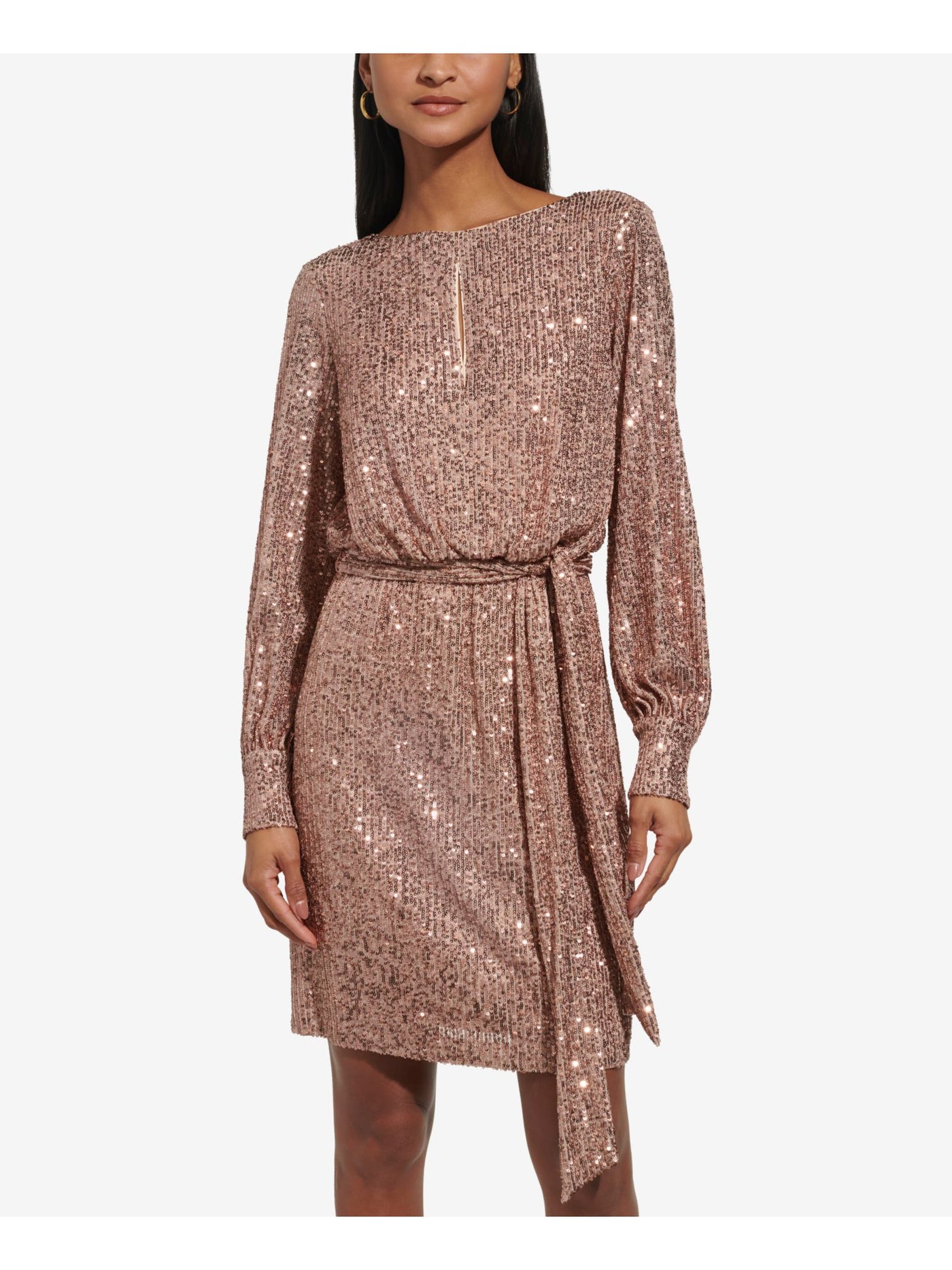 ELIZA J Womens Beige Zippered Lined Keyhole Front Tie-belt Cuffed Sleeve Boat Neck Above The Knee Party Blouson Dress 4