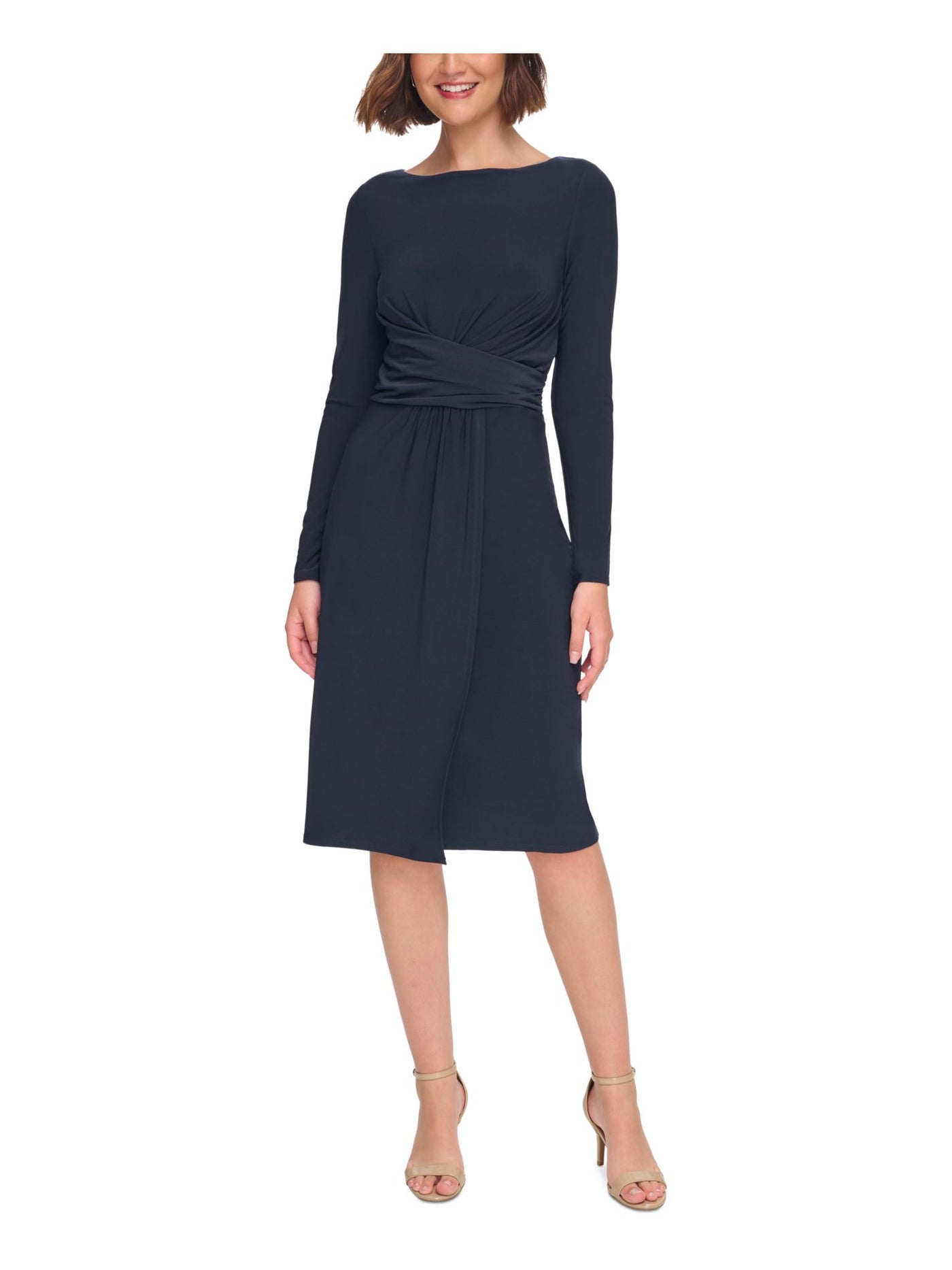 TOMMY HILFIGER Womens Navy Ruched Zippered Faux-wrap Skirt Long Sleeve Boat Neck Knee Length Wear To Work Sheath Dress 4