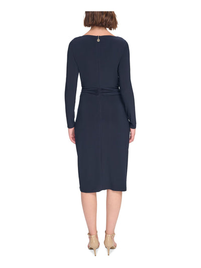 TOMMY HILFIGER Womens Navy Ruched Zippered Faux-wrap Skirt Long Sleeve Boat Neck Knee Length Wear To Work Sheath Dress 4