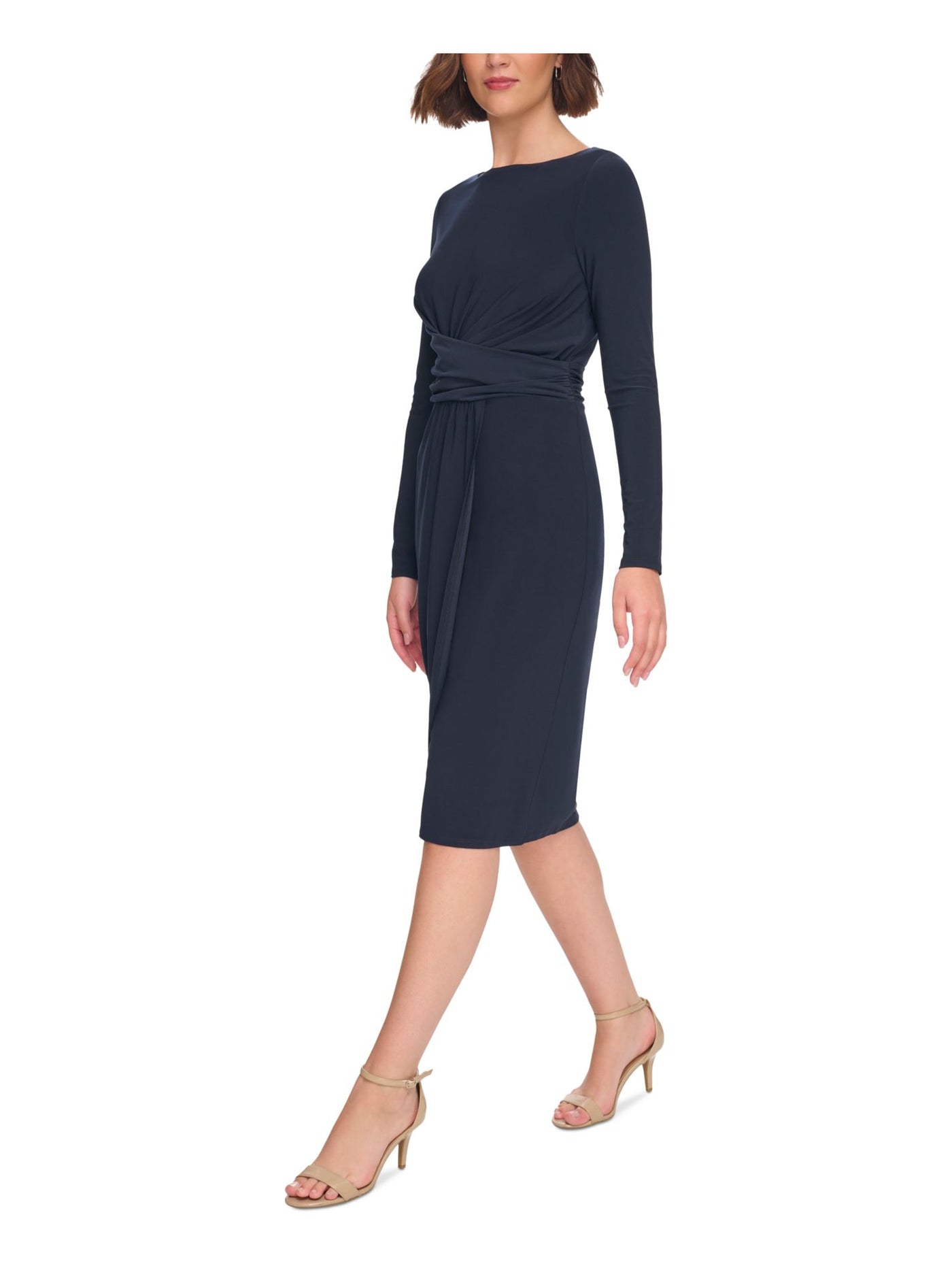 TOMMY HILFIGER Womens Navy Ruched Zippered Faux-wrap Skirt Long Sleeve Boat Neck Knee Length Wear To Work Sheath Dress 4