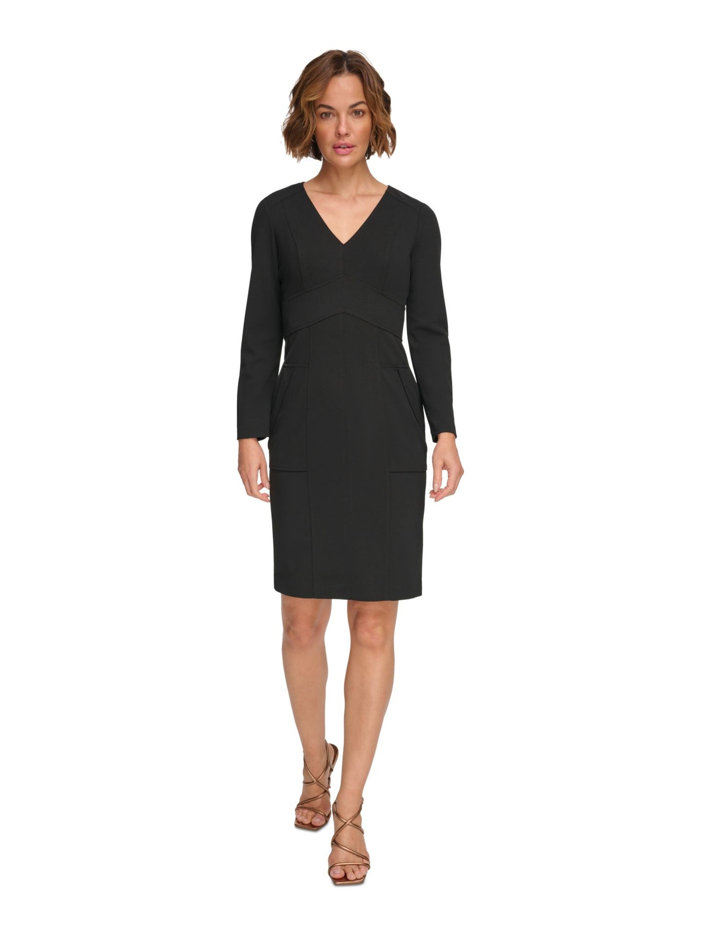 DKNY Womens Black Zippered Pocketed Banded Waist Long Sleeve V Neck Above The Knee Cocktail Sheath Dress 16