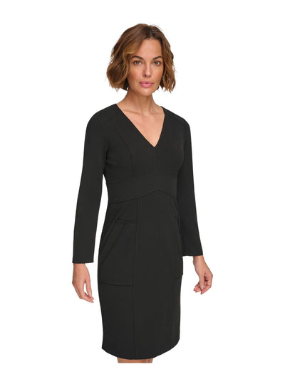 DKNY Womens Black Zippered Pocketed Banded Waist Long Sleeve V Neck Above The Knee Cocktail Sheath Dress 16