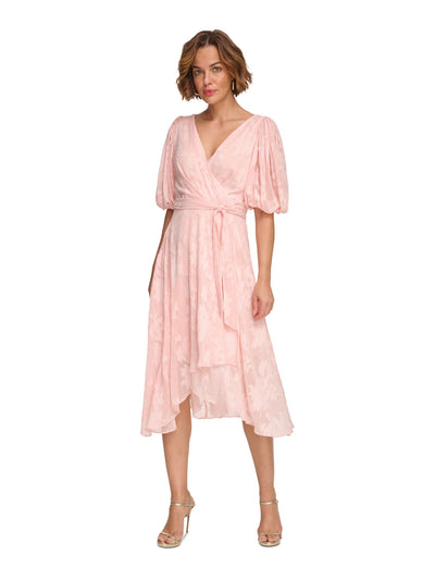 DKNY Womens Pink Metallic Lined Tie Balloon Sleeve Surplice Neckline Below The Knee Party Faux Wrap Dress 16