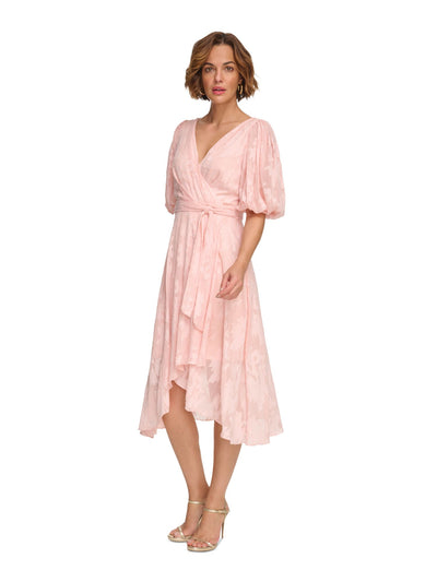 DKNY Womens Pink Metallic Lined Tie Balloon Sleeve Surplice Neckline Below The Knee Party Faux Wrap Dress 16