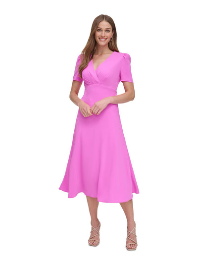 DKNY Womens Pink Pleated Zippered Lined Pouf Sleeve Surplice Neckline Midi Party Empire Waist Dress 2