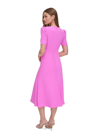 DKNY Womens Pink Pleated Zippered Lined Pouf Sleeve Surplice Neckline Midi Party Empire Waist Dress 2