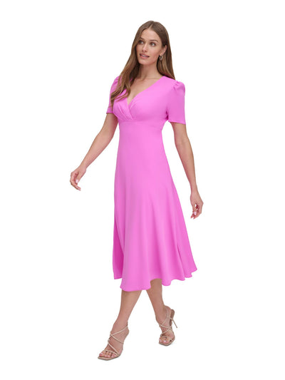 DKNY Womens Pink Pleated Zippered Lined Pouf Sleeve Surplice Neckline Midi Party Empire Waist Dress 2