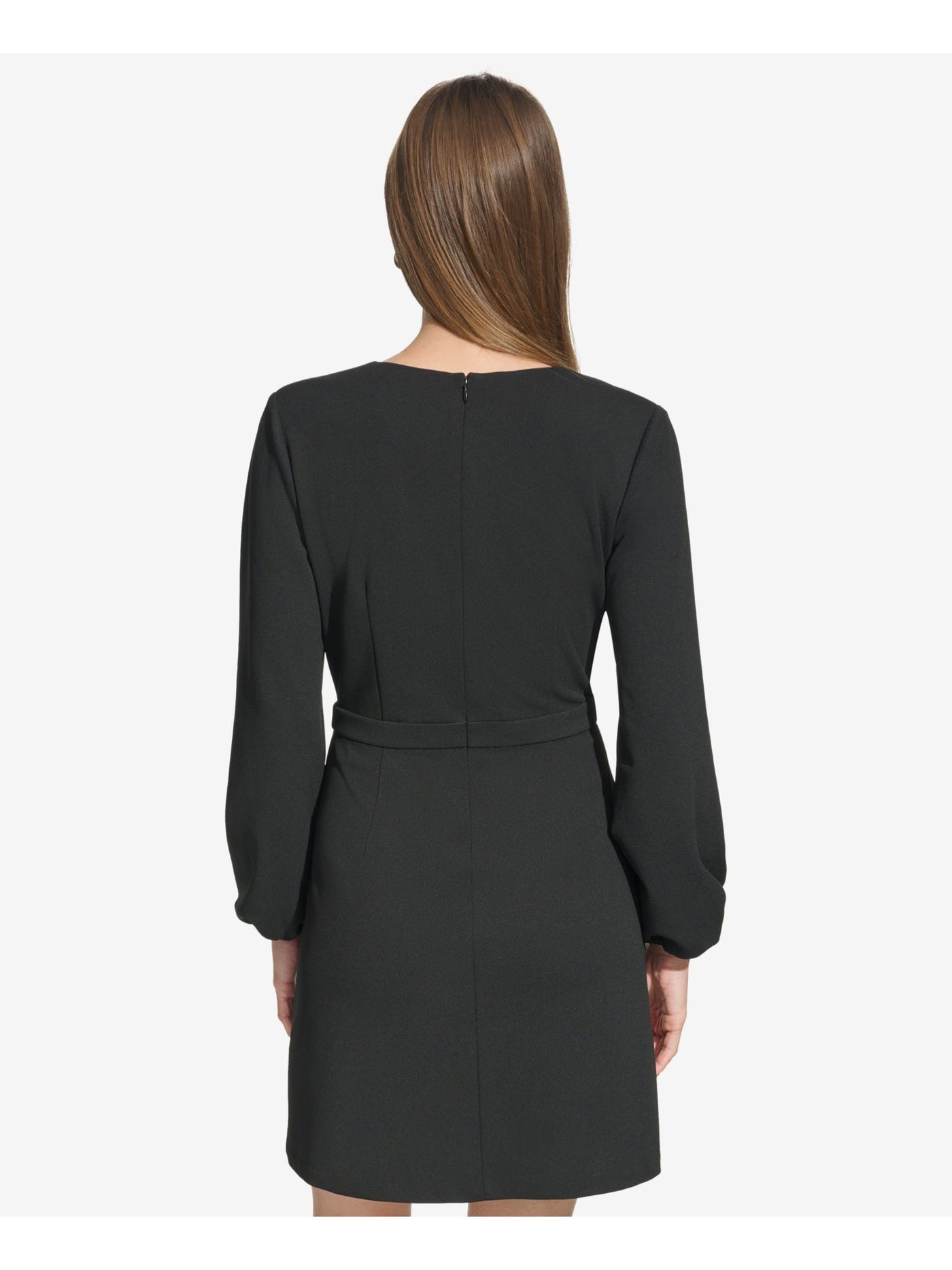 DKNY Womens Black Pleated Zippered Buckle Detail Waist Long Sleeve Surplice Neckline Above The Knee Wear To Work Faux Wrap Dress 6