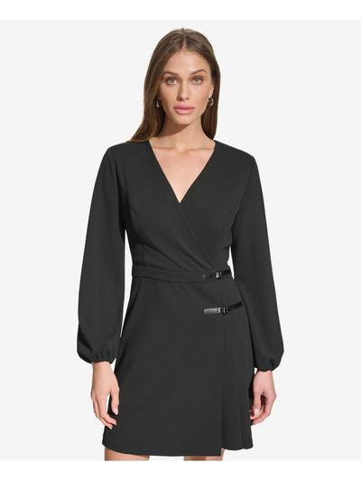 DKNY Womens Black Pleated Zippered Buckle Detail Waist Long Sleeve Surplice Neckline Above The Knee Wear To Work Faux Wrap Dress 6