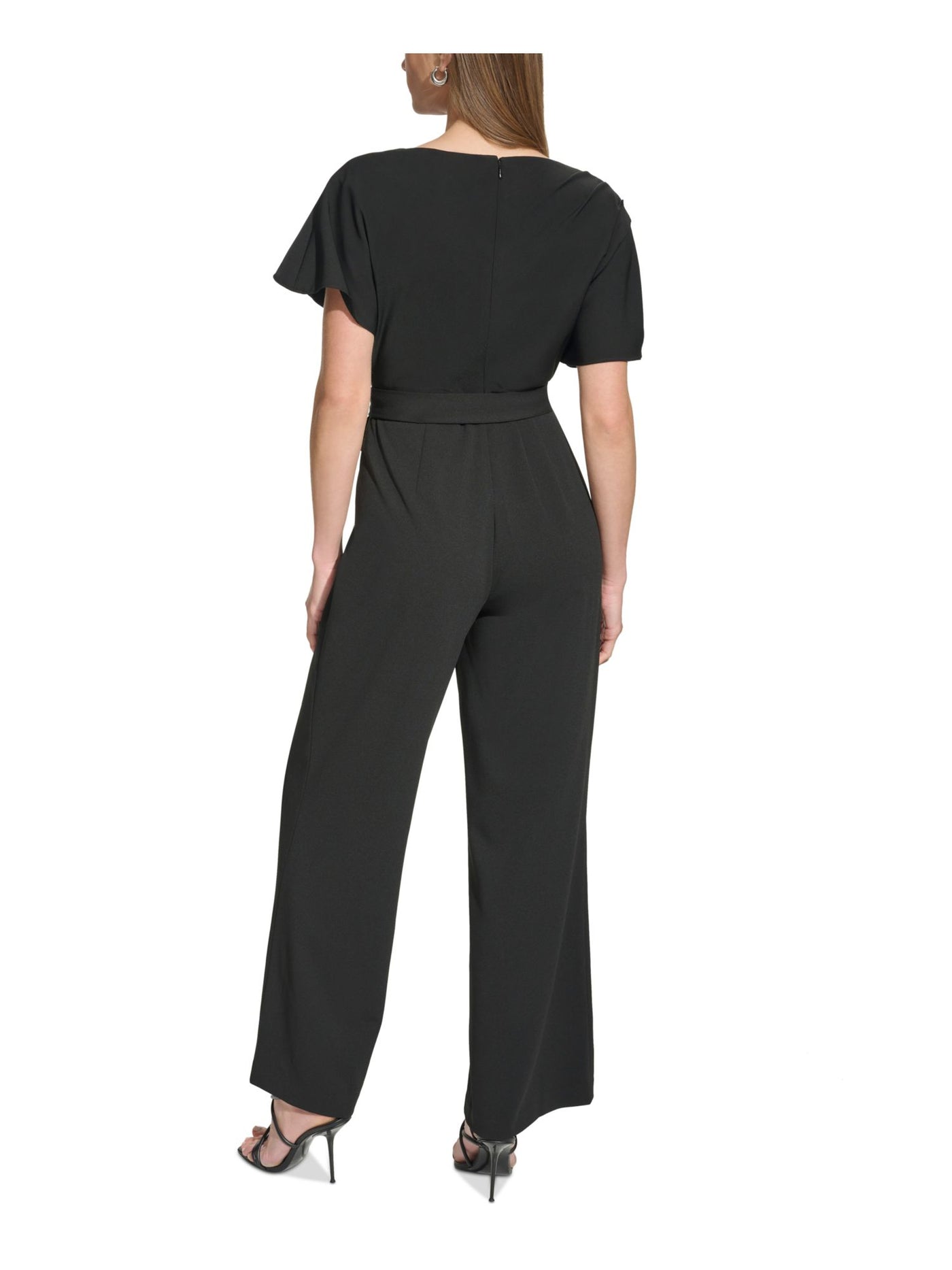 DKNY Womens Black Zippered Pleated Tie-belt Short Sleeve Cowl Neck Wear To Work Wide Leg Jumpsuit 14