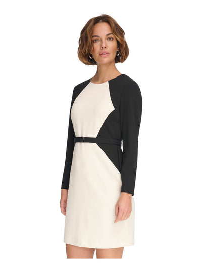 DKNY Womens White Zippered Belted Lined Color Block Long Sleeve Round Neck Above The Knee Wear To Work Sheath Dress 14