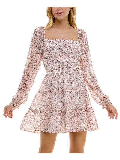 TRIXXI Womens Beige Lined Ruffled Sleeve Tiered Elastic To Floral Long Sleeve Square Neck Short Dress Juniors L