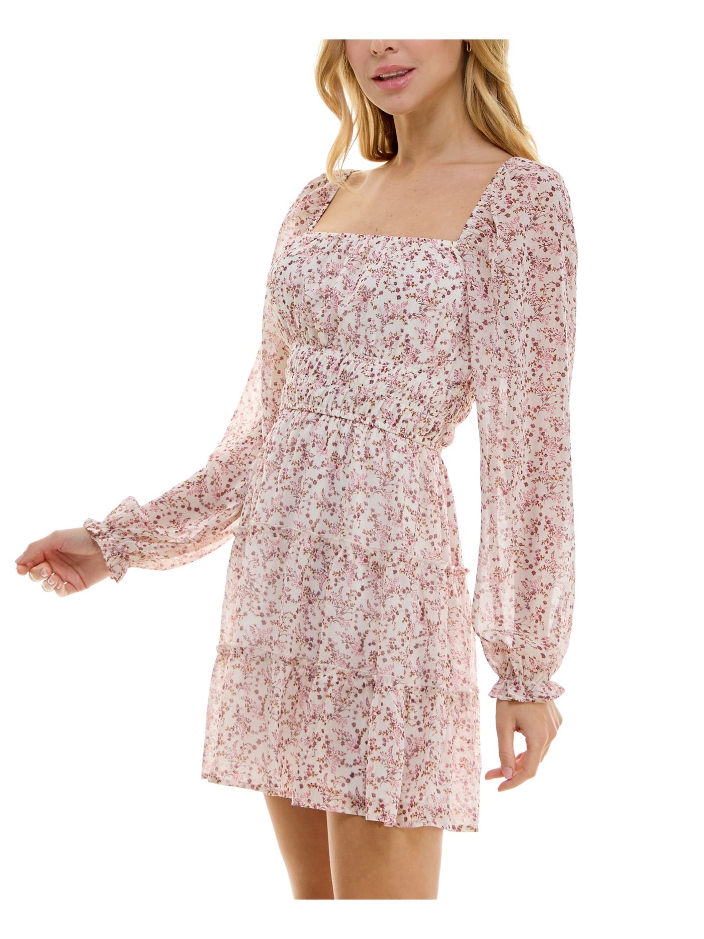 TRIXXI Womens Beige Lined Ruffled Sleeve Tiered Elastic To Floral Long Sleeve Square Neck Short Dress Juniors L