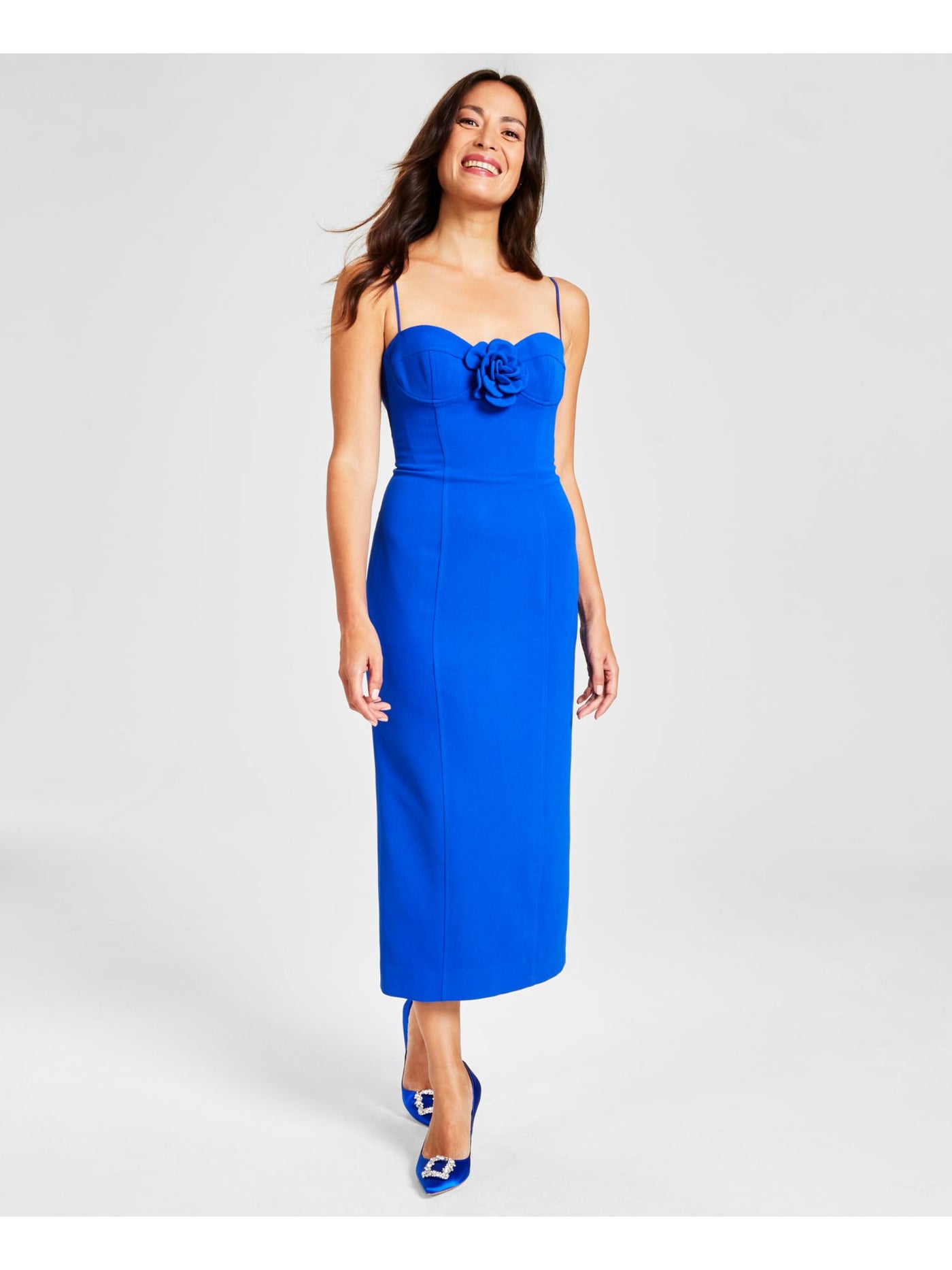 BARDOT Womens Blue Zippered Slitted Sculpted Bust Flower Accent Spaghetti Strap Sweetheart Neckline Midi Party Sheath Dress 8