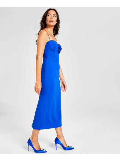 BARDOT Womens Blue Zippered Slitted Sculpted Bust Flower Accent Spaghetti Strap Sweetheart Neckline Midi Party Sheath Dress 8