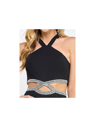 SPEECHLESS Womens Black Cut Out Embellished Slitted Unlined Zippered Sleeveless Halter Full-Length Formal Sheath Dress Juniors 0