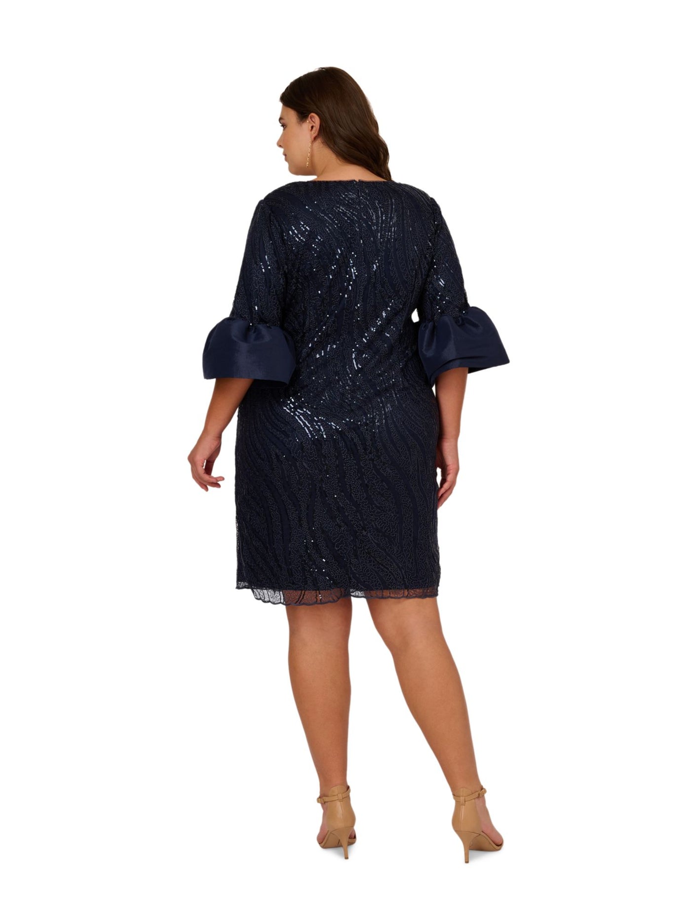 ADRIANNA PAPELL Womens Navy Sequined Zippered Lined Lace Bell Sleeve Square Neck Above The Knee Cocktail Sheath Dress Plus 20W