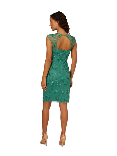 ADRIANNA PAPELL Womens Green Mesh Zippered Lined Cut Out Back Cap Sleeve Sweetheart Neckline Above The Knee Cocktail Sheath Dress 14