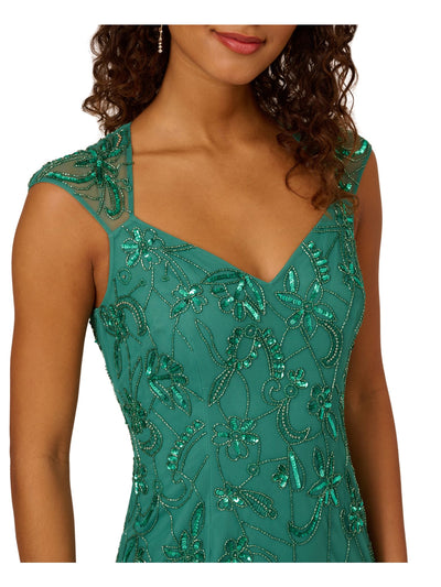 ADRIANNA PAPELL Womens Green Mesh Zippered Lined Cut Out Back Cap Sleeve Sweetheart Neckline Above The Knee Cocktail Sheath Dress 14