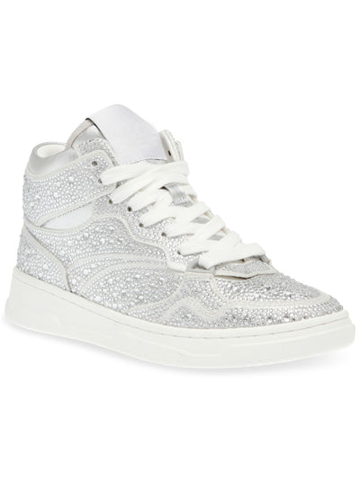 STEVE MADDEN Womens Silver Mixed Media Padded Rhinestone Metallic Evans-r Round Toe Wedge Lace-Up Sneakers Shoes 8 M