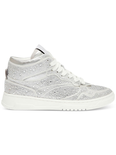 STEVE MADDEN Womens Silver Mixed Media Padded Rhinestone Metallic Evans-r Round Toe Wedge Lace-Up Sneakers Shoes 8 M