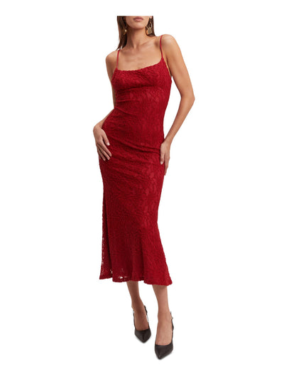 BARDOT Womens Red Zippered Lined Spaghetti Strap Square Neck Midi Party Sheath Dress 12