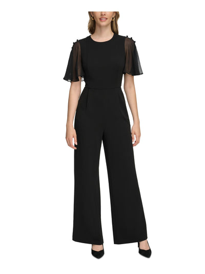 CALVIN KLEIN Womens Zippered Flutter Sleeve Round Neck Evening Wide Leg Jumpsuit