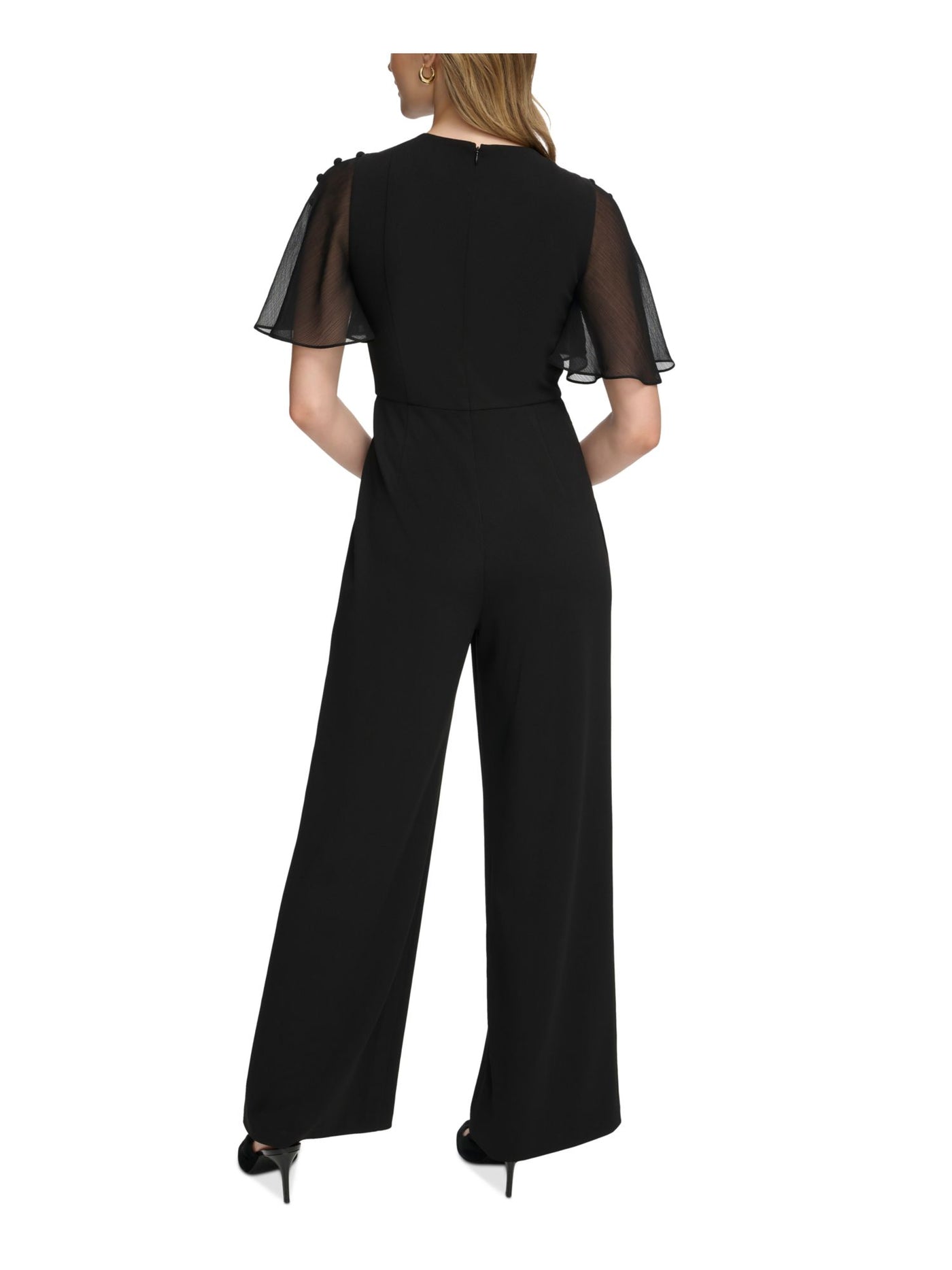 CALVIN KLEIN Womens Black Zippered Button Accents Pocketed Flutter Sleeve Round Neck Evening Wide Leg Jumpsuit 2