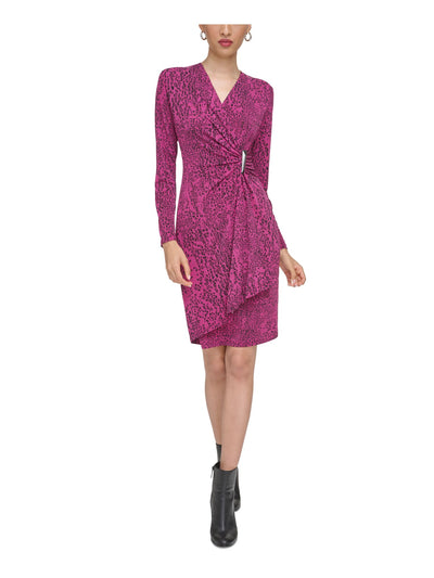 CALVIN KLEIN Womens Purple Stretch Zippered Unlined Metallic Hardware Gathered Printed Long Sleeve Surplice Neckline Above The Knee Party Faux Wrap Dress 16