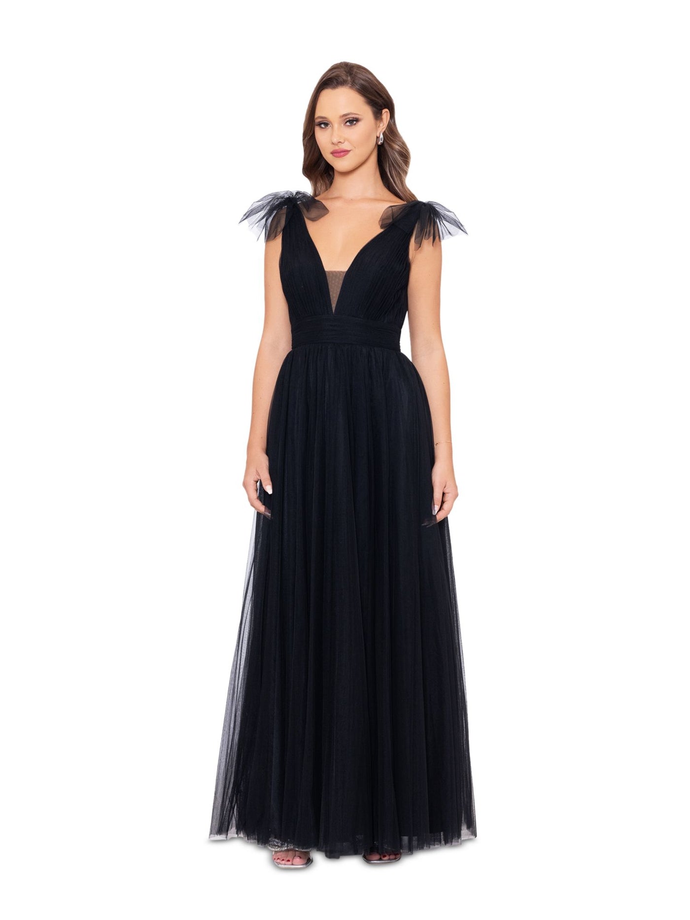 BETSY & ADAM Womens Black Zippered Pleated Tulle Bow Accent Lined Illusion Sleeveless V Neck Full-Length Formal Gown Dress 4