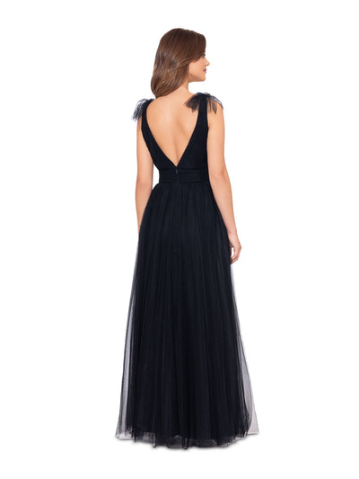 BETSY & ADAM Womens Black Zippered Pleated Tulle Bow Accent Lined Illusion Sleeveless V Neck Full-Length Formal Gown Dress 4