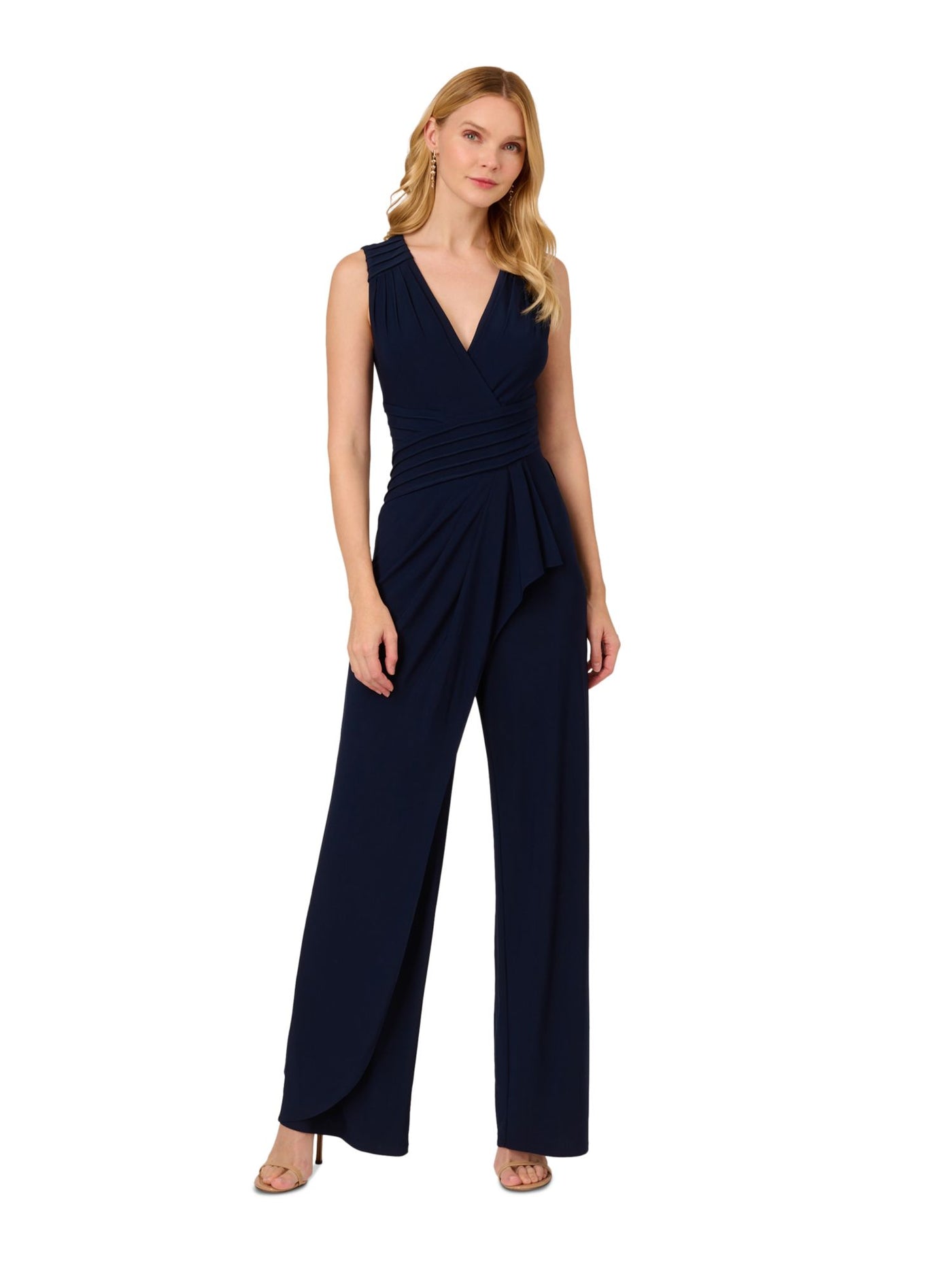 ADRIANNA PAPELL Womens Navy Zippered Pintucked Front Waterfall Ruffle Sleeveless Surplice Neckline Party Wide Leg Jumpsuit 6