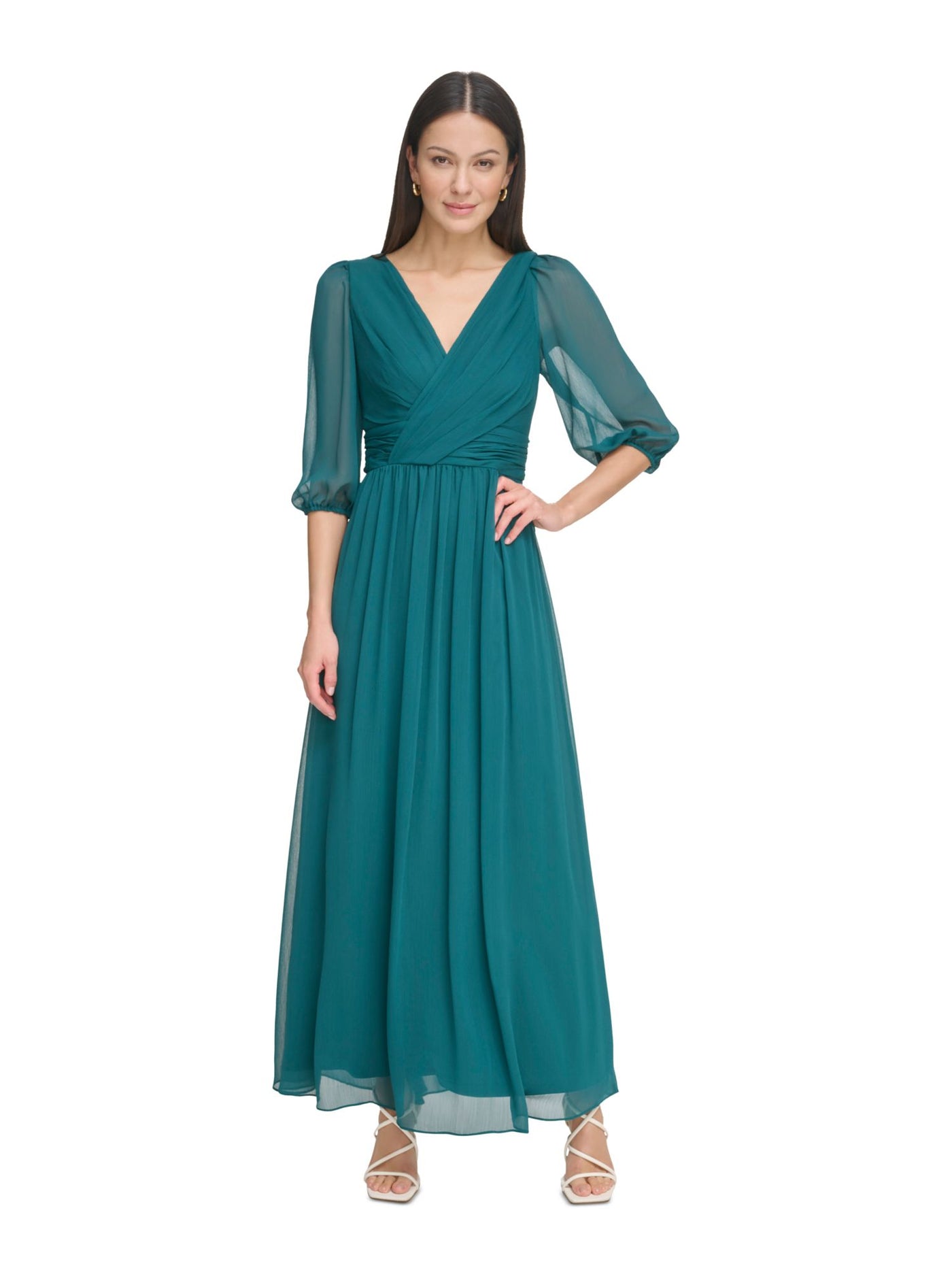 DKNY Womens Green Pleated Zippered V-back Ruched Waist Lined Balloon Sleeve Surplice Neckline Maxi Evening Fit + Flare Dress 2