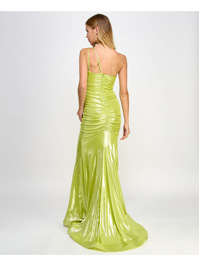 B DARLIN Womens Green Metallic Zippered Lined Ruched Adjustable Padded Sleeveless Asymmetrical Neckline Full-Length Formal Gown Dress Juniors 13\14