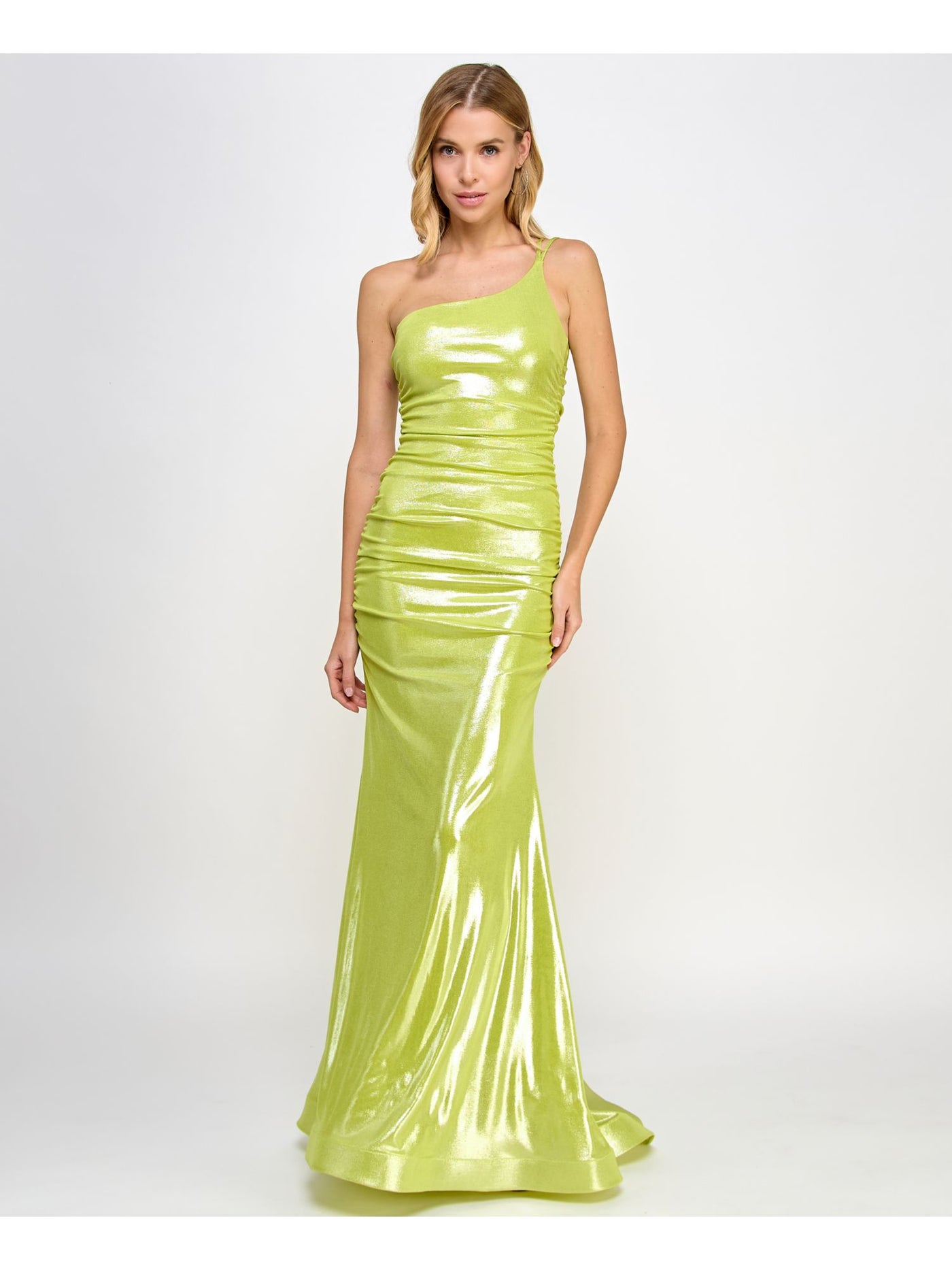 B DARLIN Womens Green Metallic Zippered Lined Ruched Adjustable Padded Sleeveless Asymmetrical Neckline Full-Length Formal Gown Dress Juniors 3\4