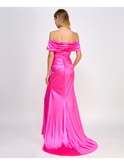 B DARLIN Womens Pink Ruched Zippered Notched Neckline Slitted Short Sleeve Off Shoulder Full-Length Formal Gown Dress Juniors 0