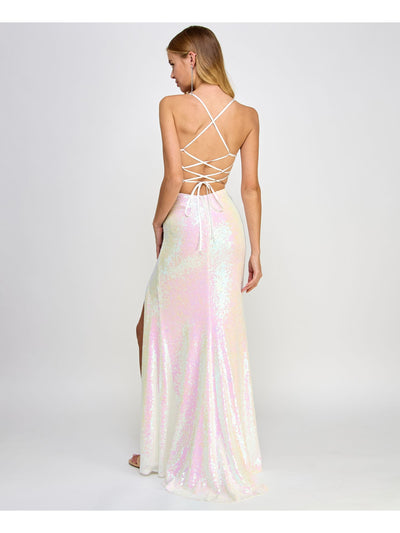 B DARLIN Womens White Lined Slitted Sequined Cowl Neck Zippered Open Spaghetti Strap Sweetheart Neckline Full-Length Formal Gown Dress Juniors 9\10