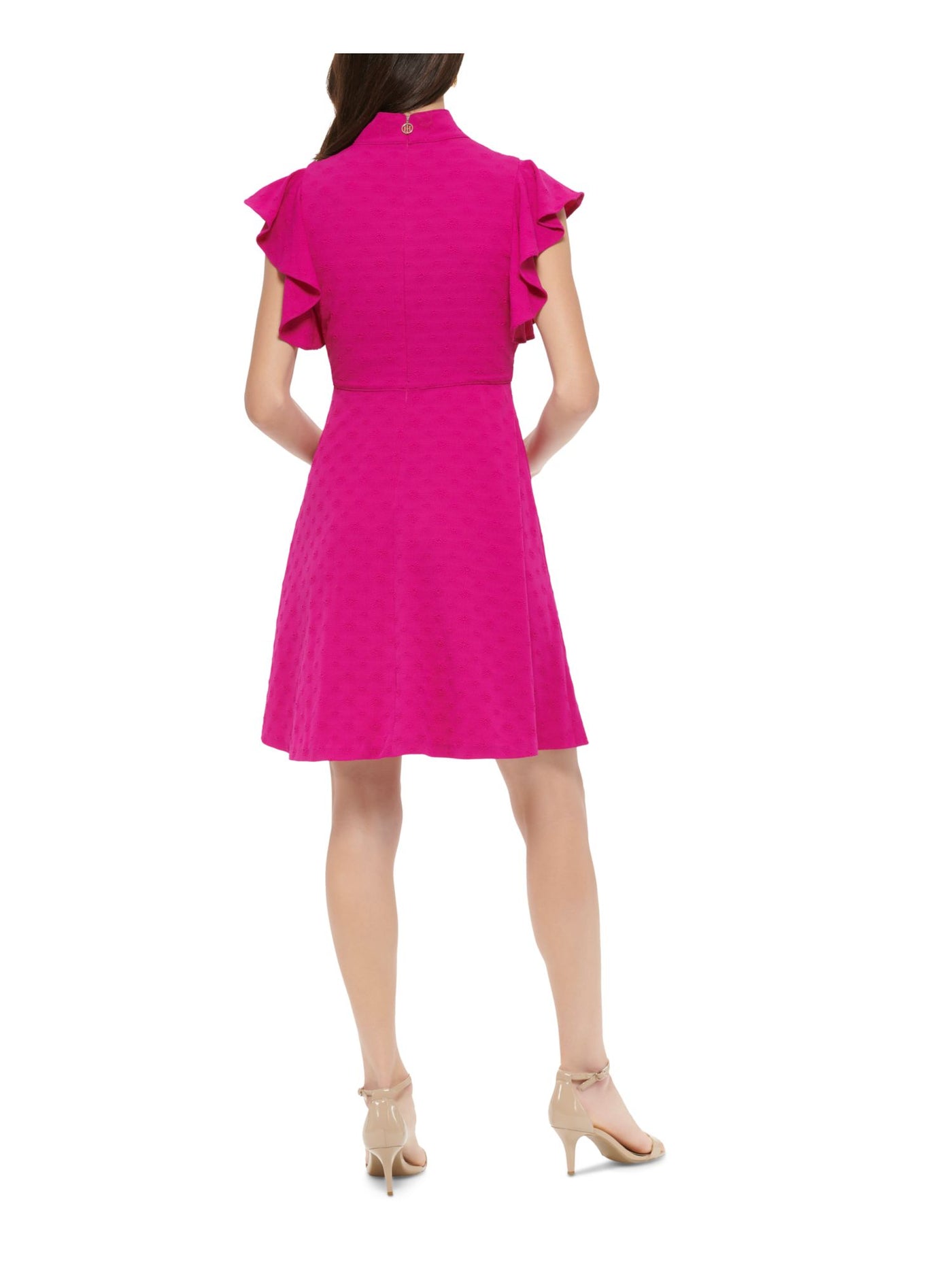 TOMMY HILFIGER Womens Pink Embroidered Zippered Flutter Sleeve Mock Neck Short Party Fit + Flare Dress 2