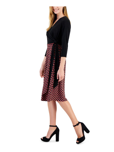 ROBBIE BEE Womens Black Unlined Gathered Tie Waist Pullover Color Block 3/4 Sleeve Surplice Neckline Midi Wear To Work Faux Wrap Dress XL