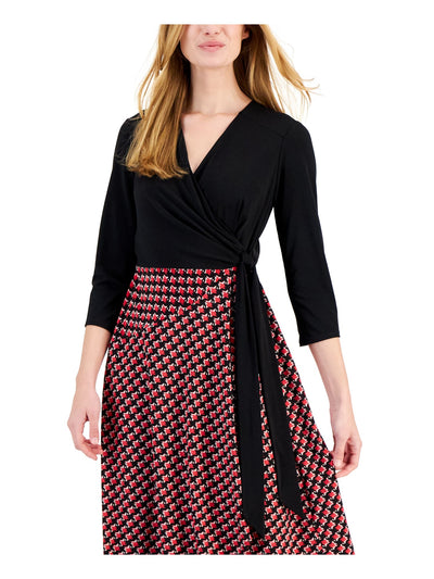 ROBBIE BEE Womens Black Unlined Gathered Tie Waist Pullover Color Block 3/4 Sleeve Surplice Neckline Midi Wear To Work Faux Wrap Dress XL