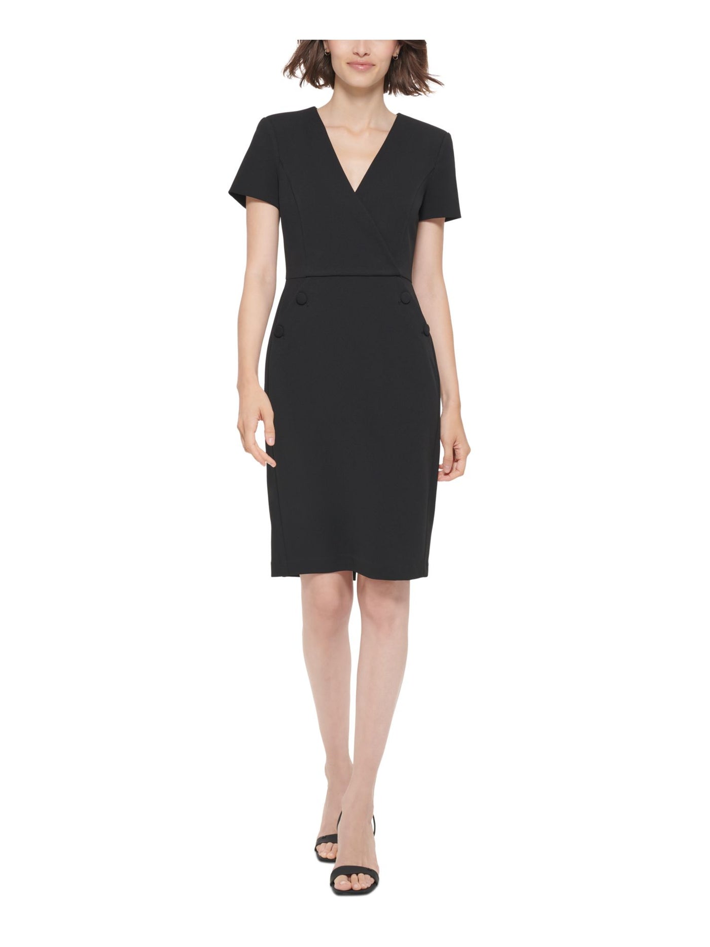 CALVIN KLEIN Womens Black Zippered Button Trim Split Back Hem Short Sleeve Surplice Neckline Above The Knee Wear To Work Sheath Dress 2