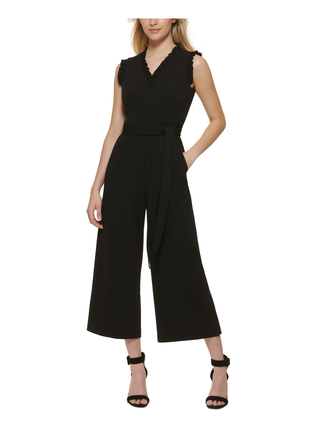 CALVIN KLEIN Womens Black Zippered Pocketed Ruffled Belted Wide Legg Cap Sleeve V Neck Party Cropped Jumpsuit 14