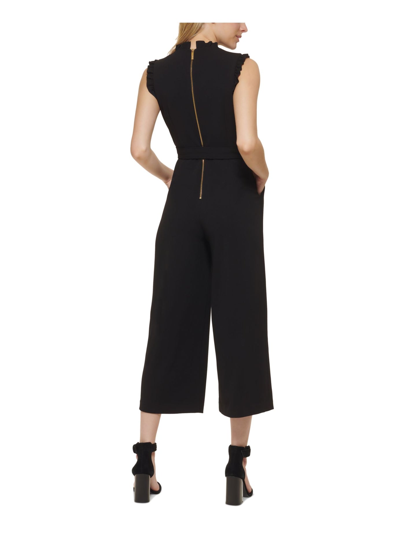 CALVIN KLEIN Womens Black Zippered Pocketed Ruffled Belted Wide Legg Cap Sleeve V Neck Party Cropped Jumpsuit 8