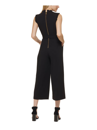 CALVIN KLEIN Womens Black Zippered Pocketed Ruffled Belted Wide Legg Cap Sleeve V Neck Party Cropped Jumpsuit 14