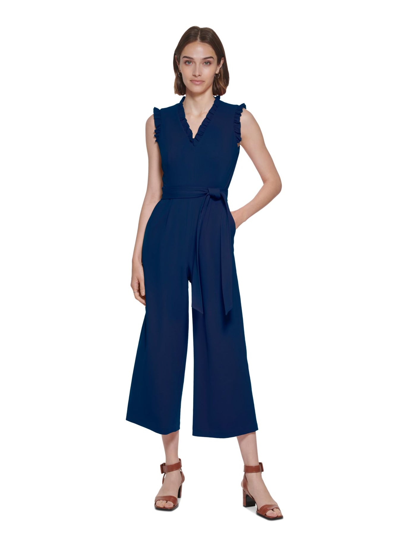 CALVIN KLEIN Womens Blue Zippered Pocketed Ruffled Tie-belt Cropped Sleeveless V Neck Wear To Work Wide Leg Jumpsuit 14